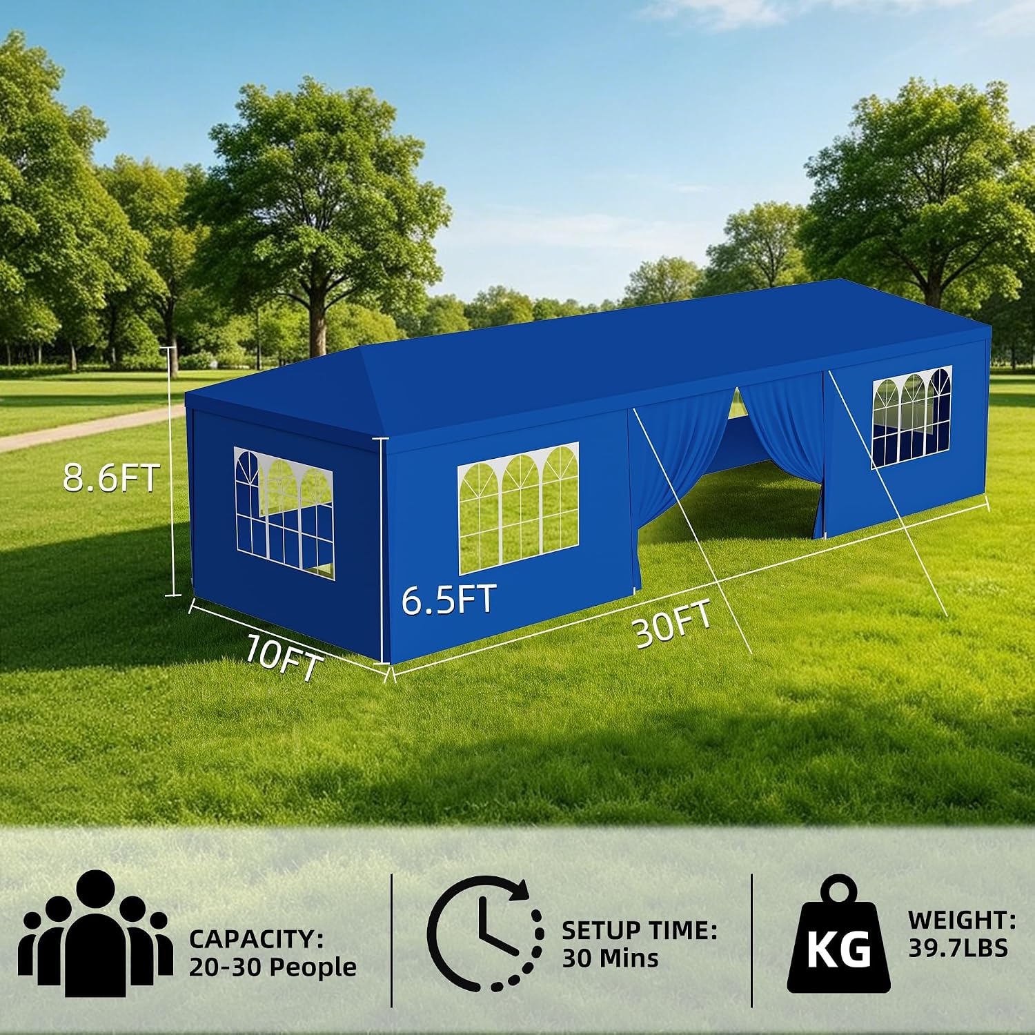 10x30 FT Outdoor Party Tent with 8 Removable Sidewalls, Blue Waterproof UV Resistant Canopy Shelter for Wedding Backyard BBQ Events - Image 2