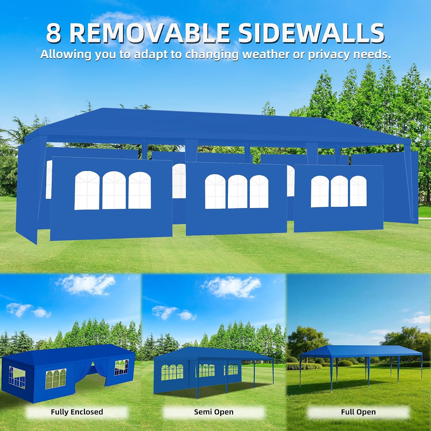 10x30 FT Outdoor Party Tent with 8 Removable Sidewalls, Blue Waterproof UV Resistant Canopy Shelter for Wedding Backyard BBQ Events - Image 3