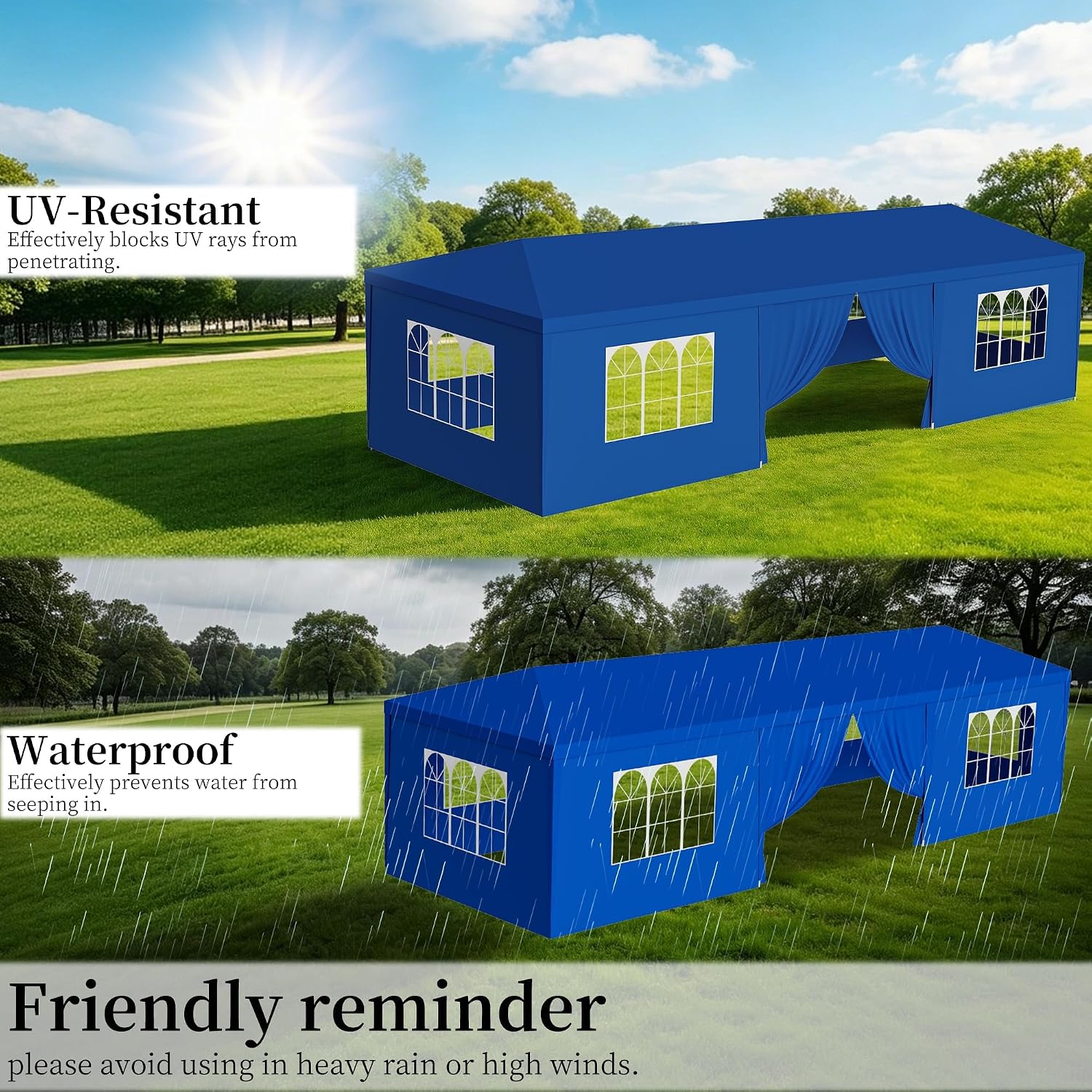 10x30 FT Outdoor Party Tent with 8 Removable Sidewalls, Blue Waterproof UV Resistant Canopy Shelter for Wedding Backyard BBQ Events - Image 4