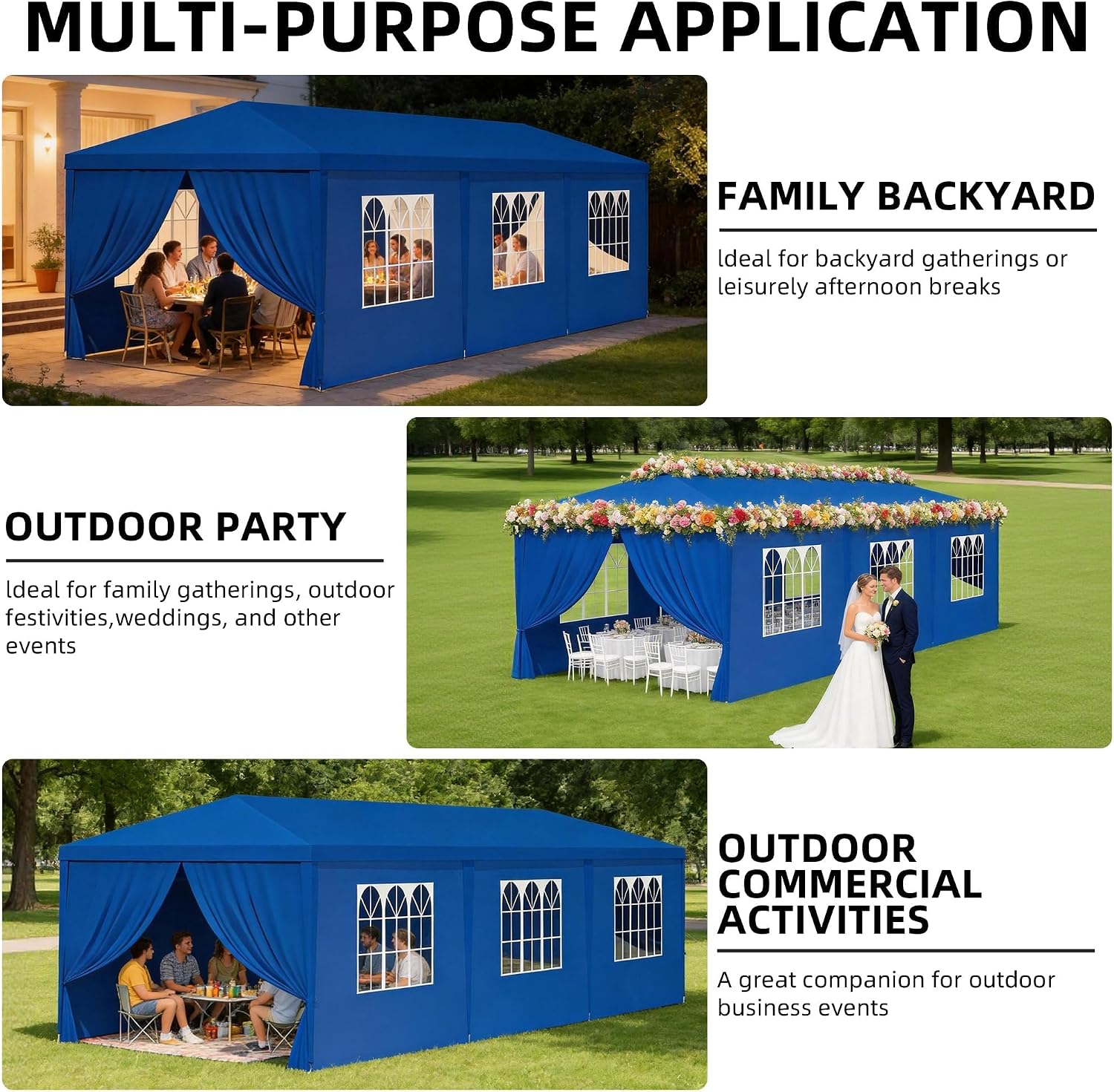 10x30 FT Outdoor Party Tent with 8 Removable Sidewalls, Blue Waterproof UV Resistant Canopy Shelter for Wedding Backyard BBQ Events - Image 7