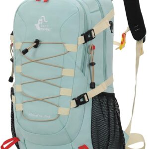 Bseash 40L Waterproof Hiking Backpack with Rain Cover, Outdoor Sport Travel Bag Daypack for Camping Climbing Skiing Cycling (Milk Green)