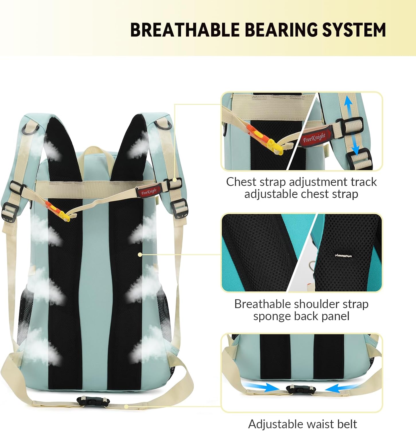 Bseash 40L Waterproof Hiking Backpack with Rain Cover, Outdoor Sport Travel Bag Daypack for Camping Climbing Skiing Cycling (Milk Green) - Image 6