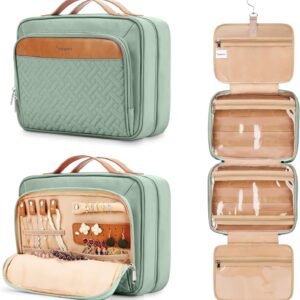 COOSKY Travel Hanging Toiletry Bag for Women, Cruise Ship Essentials, with Jewelry Organizer, Extra Large Makeup Dopp Kit, Waterproof Cosmetic Bags, Toiletries Kit Set with Trolley Belt, Green